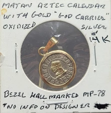 14K Yellow Gold Pendant With Oxidized Silver Aztec Mayan Calendar Sun Stone Coin