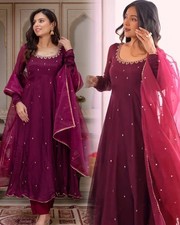 Traditional Wear Wine Faux Georgette Salwar Kameez With Net Dupatta For Women