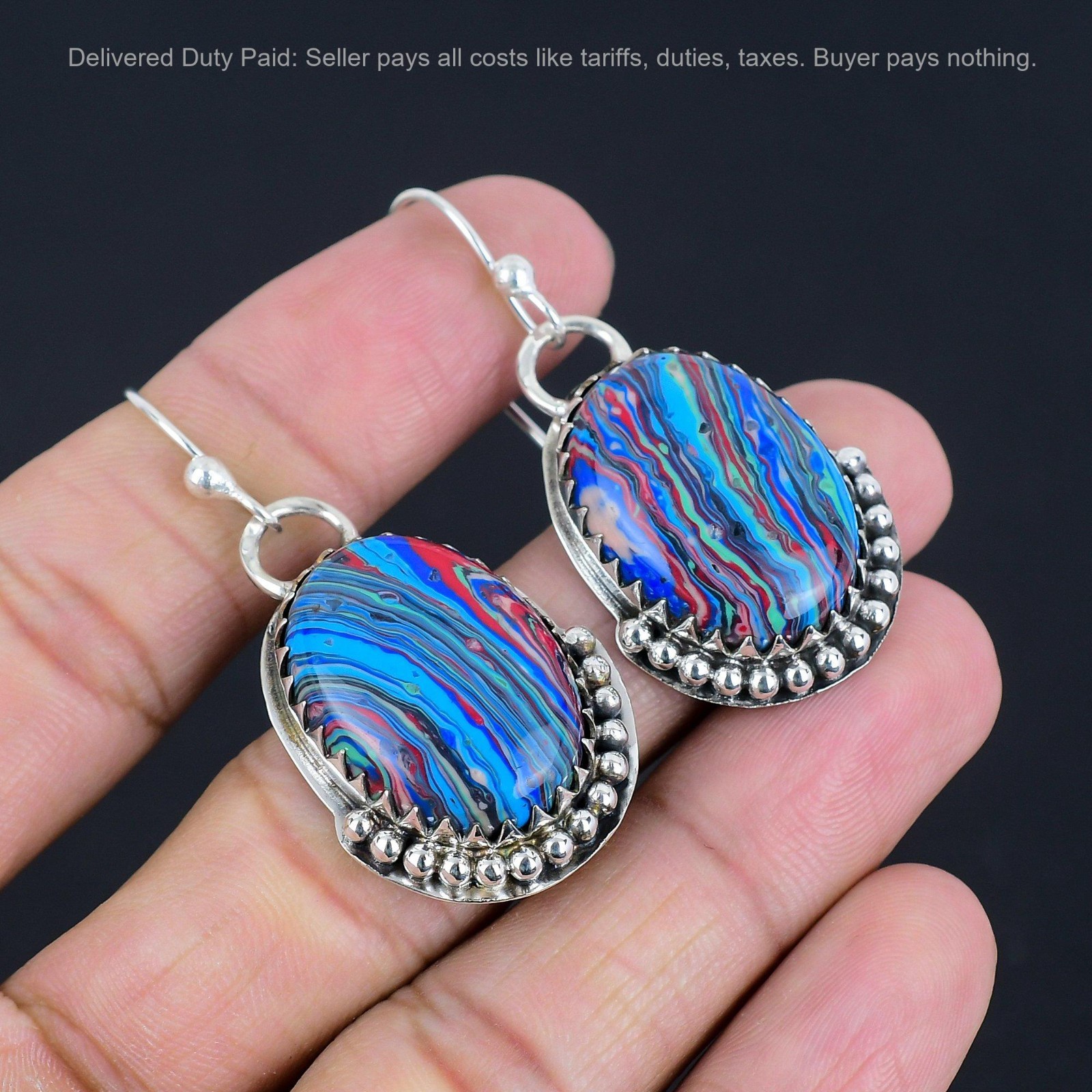 Sterling Silver Natural Rainbow Calsilica Hook Boho Dangle Drop Earrings Jewelry