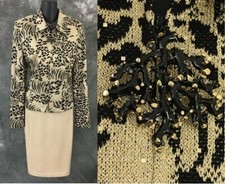 St John evening knit gold black shimmer embellished jacket skirt suit size 6 8