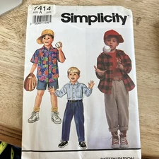 7414 UNCUT Vtg 90's Simplicity SEWING Pattern Boys Pants Shorts Shirt Cap Loose