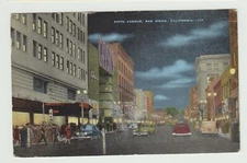 Fifth Avenue, San Diego, CA,  Linen Postcard
