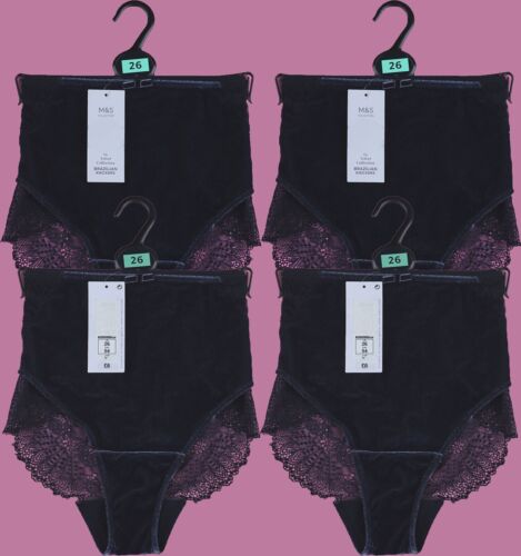 M&S Marks and Spencer Blue Velvet Brazilian Knickers Size 26 x 4 Pairs RRP £24 - Picture 1 of 17