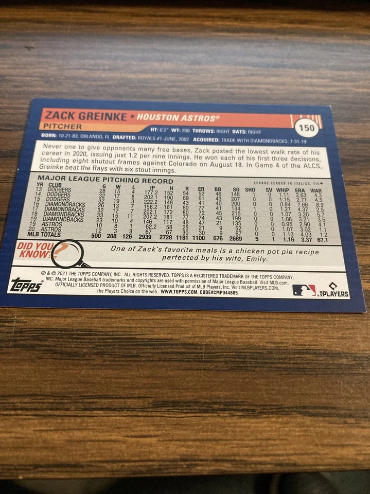 2021 Topps Big League Zack Greinke Houston Astros Pitcher #150 - Image 2 of 2