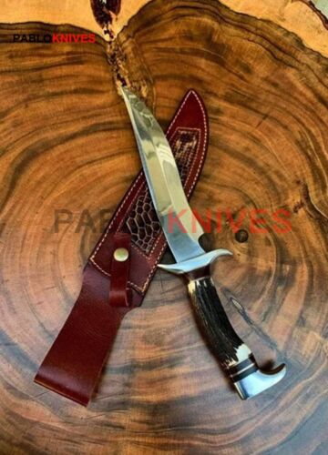 Cuchillo Bowie de caza de alto pulido de acero al carbono hecho a mano premium mango de asta de ciervo - Imagen 2 de 4