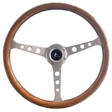 15in Wooden Steering Wheel 1.5'' Silver Brushed 3-Spoke 380mm Classic Wood