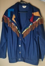 Vintage Sunny South Denim Blazer  Suede Fringe Western Geometric Size 4