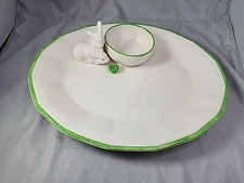 Rabbits Spring Easter Handcrafted Chip Dip Plate W/ Attached Bowl The Mane Lion