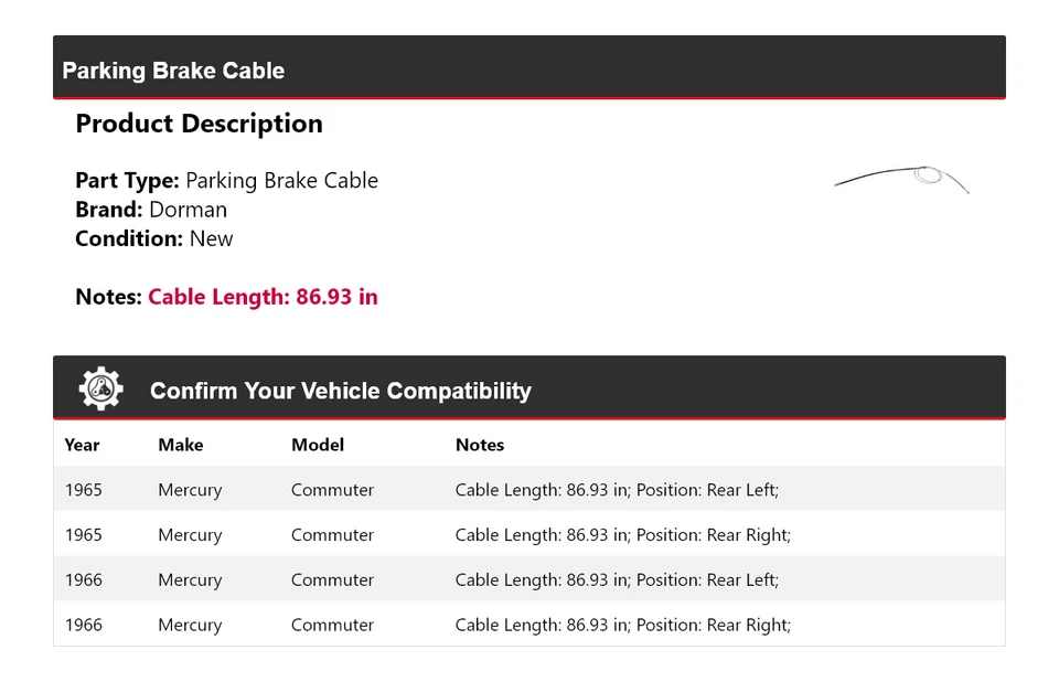 For 1965-1966 Mercury Commuter Dorman Parking Brake Cable - Image 2 of 3