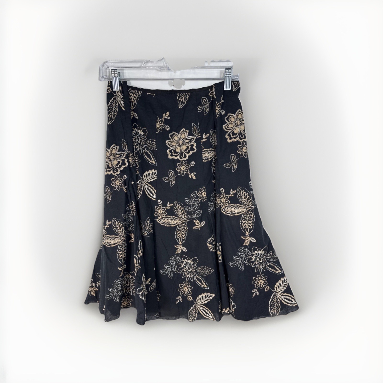New York & Company Midi Skirt Women's 18 Tan Black Floral Print Flared Boho