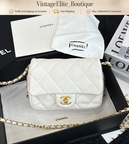 Chanel Mini Classic Flap White Leather Gold HW Shoulder Bag Preowned Authentic