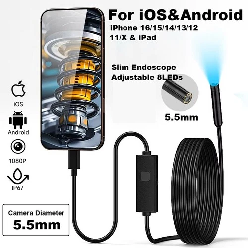 5.5mm Endoscope Inspection Camera Flexible Video Cam iPhone iOS Android Phone US