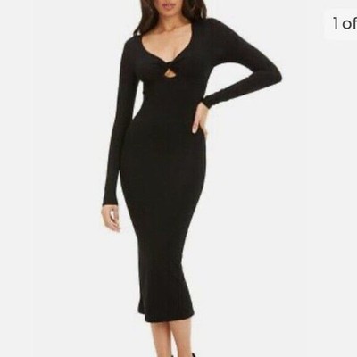 Good American Twist Peek A Boo Women 0/S Black Midi Dress Stretchy Long Sleeve