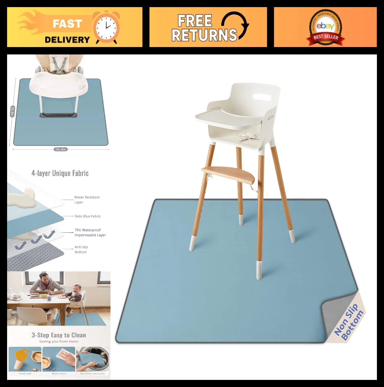 Baby Splat Mat for High Chair - 50.4" Waterproof, Washable, Anti-Slip Floor Prot