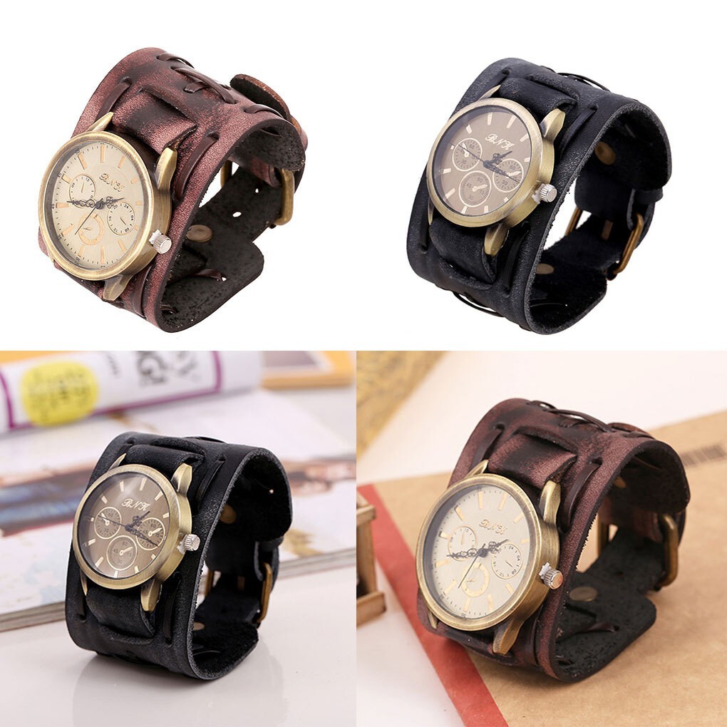 Retro Big Wide Genuine-Leather Strap Watch Men Punk Quartz Cuff Watch Wristwatch