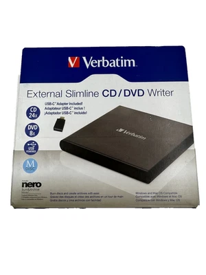 Verbatim External Slimline CD/DVD Writer USB-C connection Adapter CD 24x DVD 8x