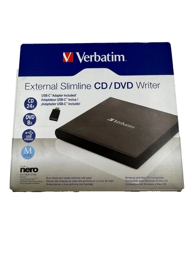 Verbatim External Slimline CD/DVD Writer USB-C connection Adapter CD 24x DVD 8x