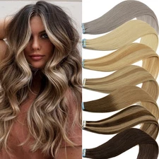 Seamless Tape In Skin Weft 100% Remy Human Hair Extensions Stick Glue On Hair