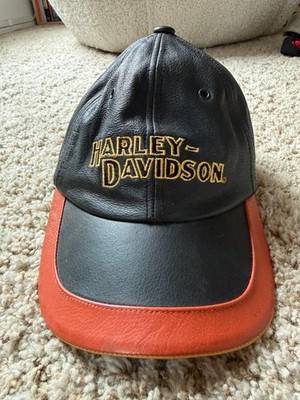 Harley-Davidson Leather Strapback Cap Black Gold Embroidered Logo Biker Hat