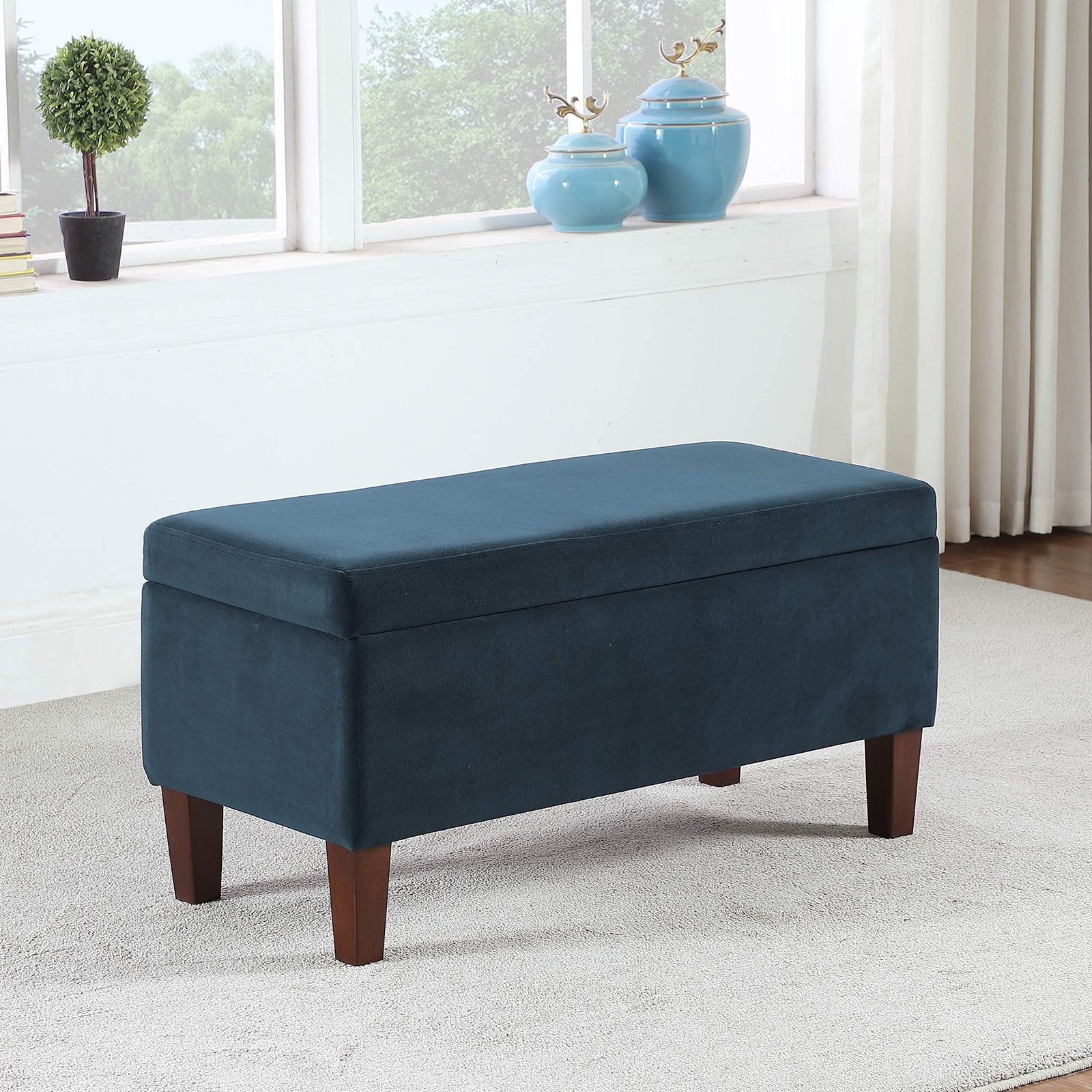 Large Upholstered Rectangular Storage Ottoman Bench with Hinged Lid, Navy
