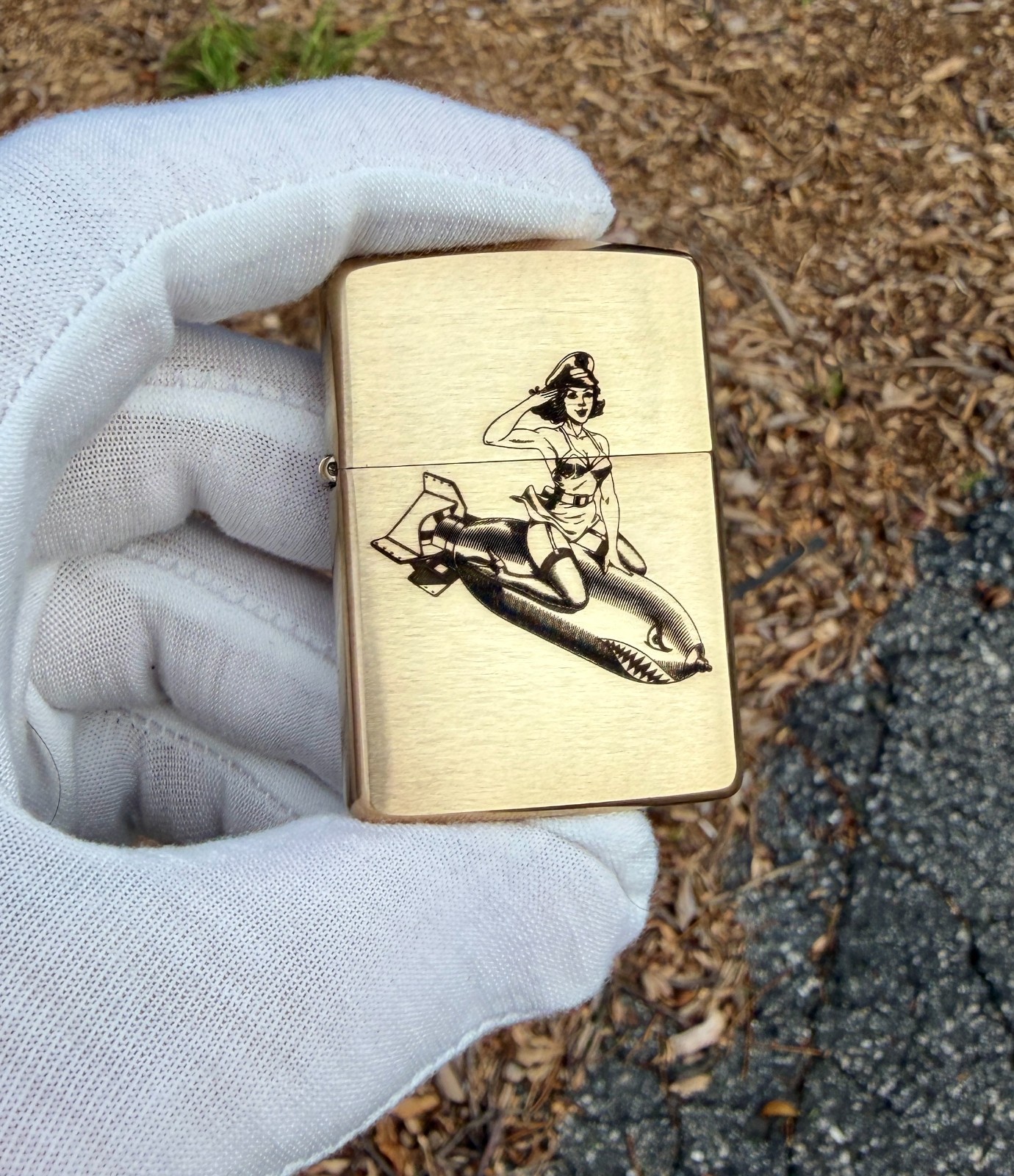 WWII Pinup Girl on Bomb Engraved Brass Armor Zippo Lighter &ndash; Made in USA