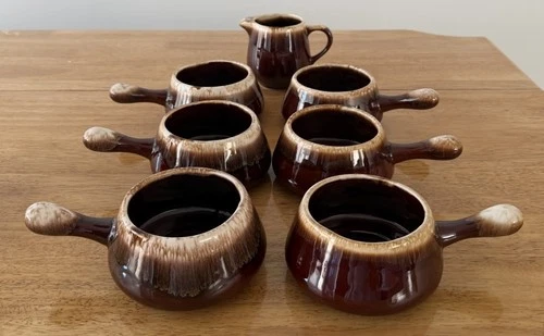 6-Vintage McCoy Brown Drip Glaze Pottery 2054 Soup Cup USA & 1 Creamer.