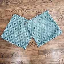2 Square Pillow Covers 21.5" Designer Custom Fabric Blue Hidden Zipper Pair  EUC