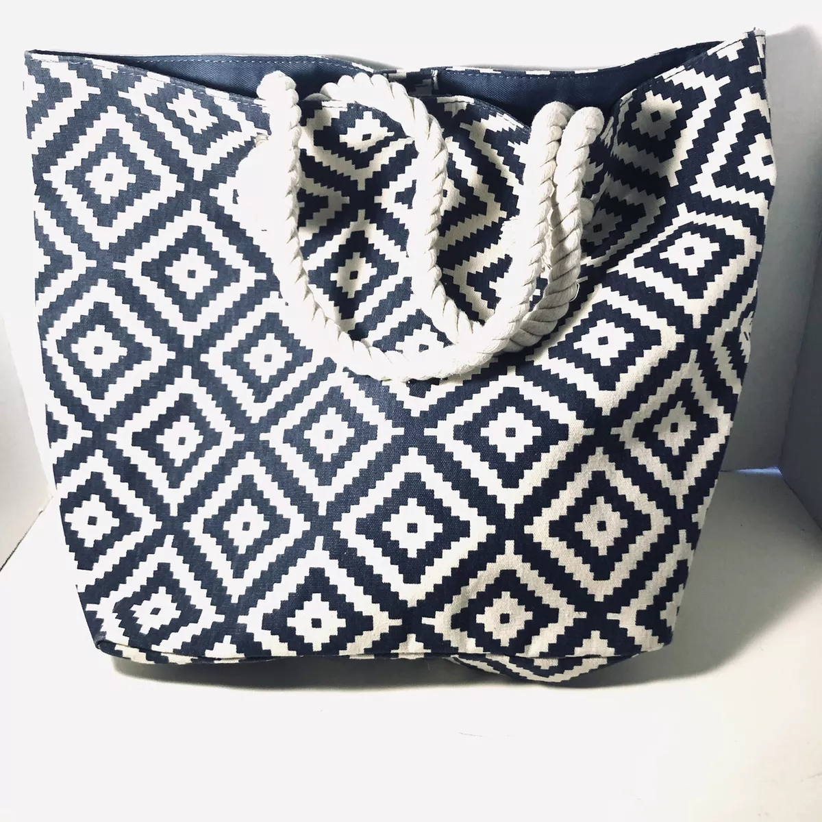 Summer Rose Navy White Diamond Geometric Print Tote Bag w Rope