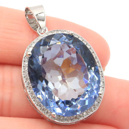 Buy 2 get 1 free Oval Shape Fire Rainbow Violet Topaz CZ Ladies Silver Pendant - Picture 1 of 4