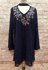 Xhilaration Dress Women Large NEW Navy Lace Boho Embroidered Long Sleeve Shift