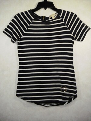 Michael Kors Top Women XS Blue White Striped Round Neck With Zip Short Sleeve