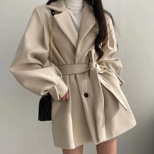 Women's Woolen Coat Autumn Winter Mid Length Lapel Belt Jacket Elegant Outwear - Picture 12 of 16