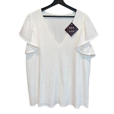 Ava & Viv Blouse Womens 2X Ivory V Neck Short Flutter Sleeve Textured Lined NWT