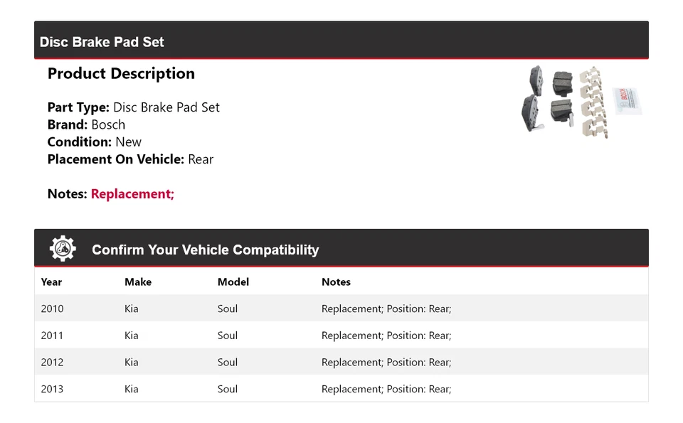 Задние керамические тормозные колодки QuietCast для 2010-2013 Kia Soul Bosch 2011 2012 годов выпуска - Изображение 2 из 4