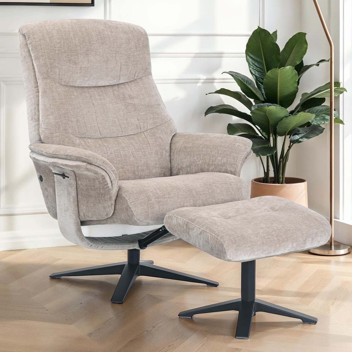 GFA Hudson Swivel Recliner Chair Matching Footstool in Husk Fabric Finish