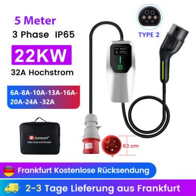 22KW 32A Typ 2 5m EV Ladegerät Ladekabel 480V & Starkstrom CEE EU Mobile Wallbox