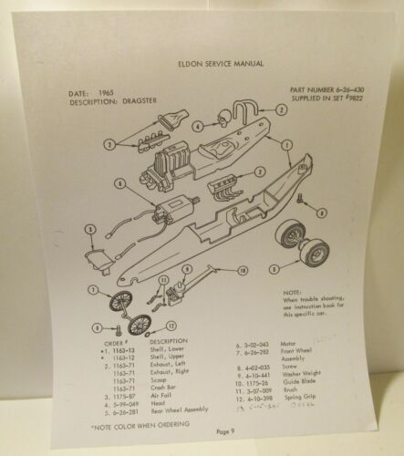 1/24 Eldon Dragster Photocopy of Schematic Diagram with Part Numbers + More - Picture 1 of 3
