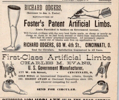 1887 Foster's Patent Artificial Limbs Charles M Evans Limbs 3.5''H Print Ad