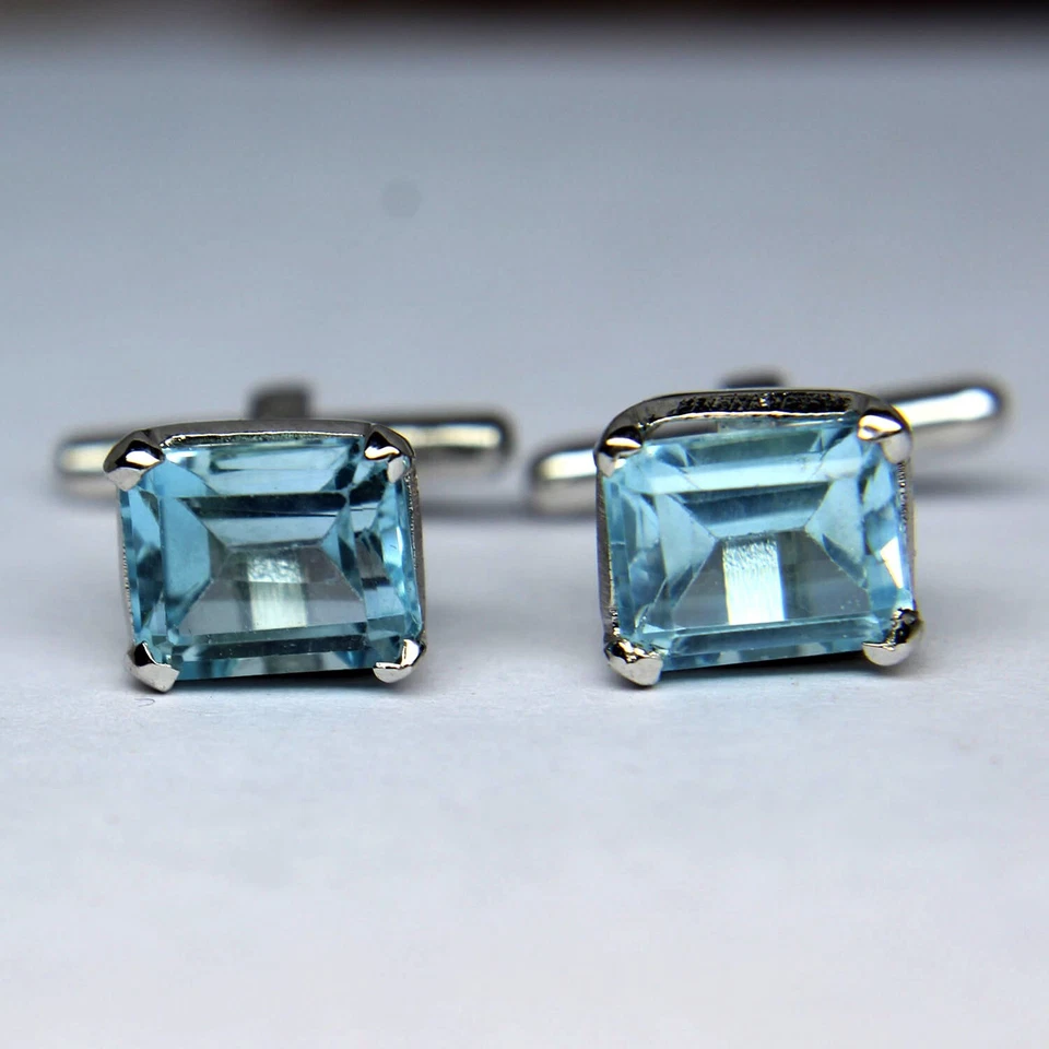 Мужские простые запонки ручной работы из стерлингового серебра 925 пробы с голубым топазом восьмиугольником - Изображение 3 из 4