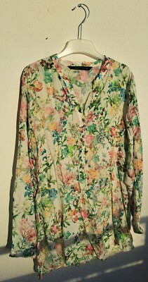 Zara Viscose Blouse Shirt S Floral V Neck Multicoloured White Classic