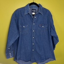 Vintage Wrangler Western Denim Shirt Men 17.5 X34 Pearl Snap Cowboy Workwear 90s