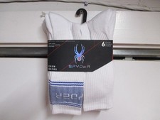 6 SPYDER BRAND MENS CREW SOCKS 6-12 WHITE W/CLASSIC LOGOS SOFT STURDY