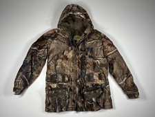 Cabelas Coat Boys Medium Camo Hooded Hunting Winter Field Jacket Pockets Hooks