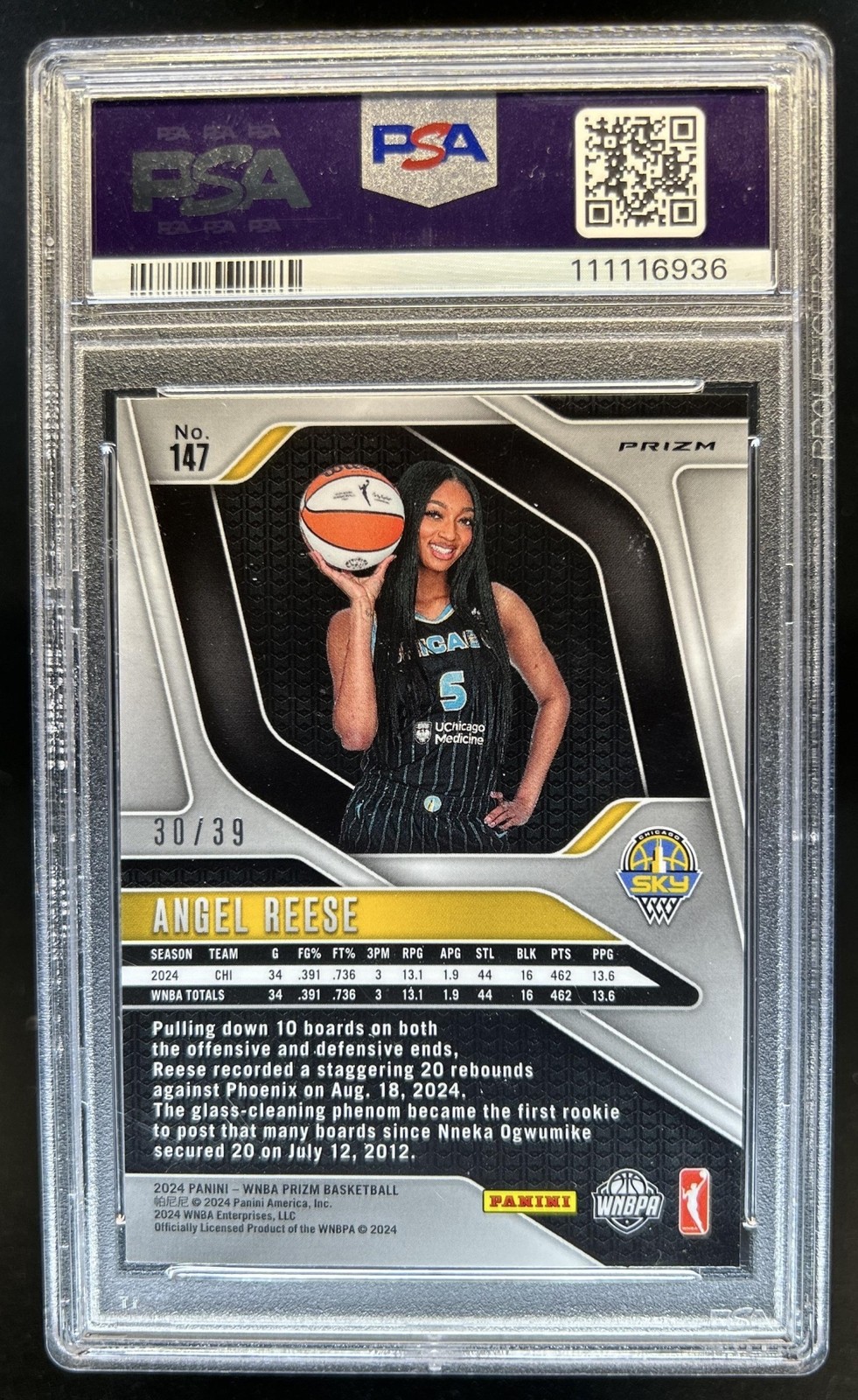 2024 Panini WNBA Prizm Angel Reese RC Black Velocity Rookie #/39 Sky PSA 10 view 2