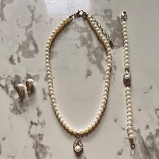 White Silver Imitation Pearl Jewelry Set Necklace Bracelet Earrings Round Simul  