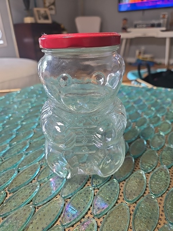 Vintage 1988 Kraft Strawberry Jam Glass Teddy Bear Jelly Jar Red Lid 6 Inch