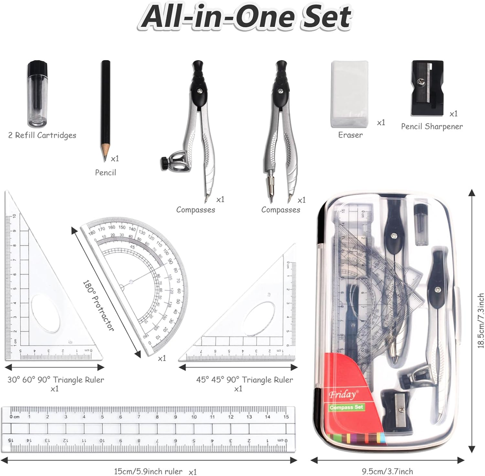 Geometry Set, 10 Pcs Math Protractor Compasses Kit with Ruler ...