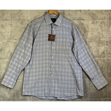 Tattersall London Dress Shirt 17 34/35 Blue Check Button Up Light Cotton NEW