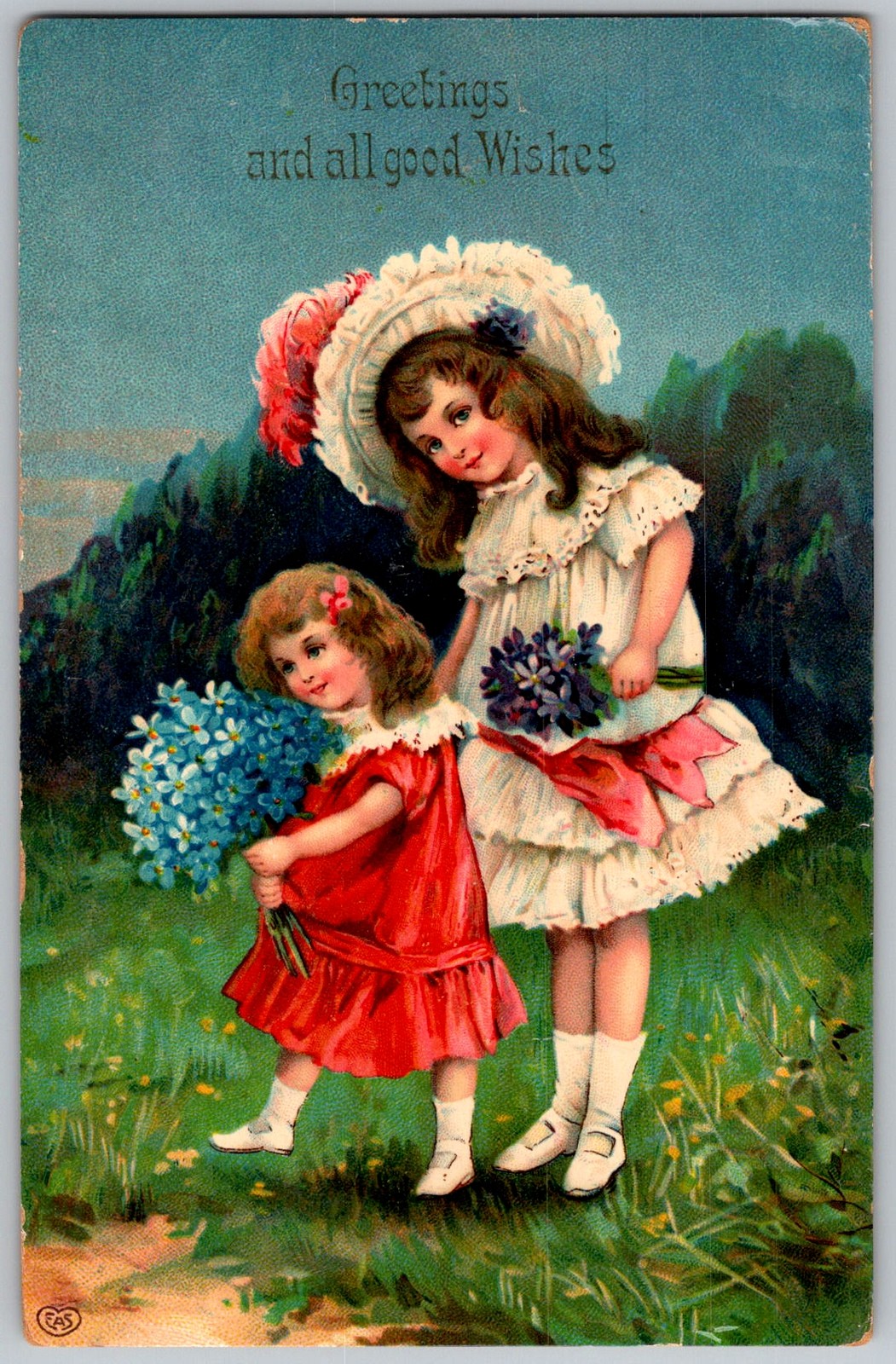Antique Postcard Girls Flowers 1910s