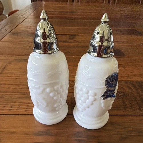 Set of Vintage Imperial White Milk Glass Grape Pattern Salt & Pepper Shakers